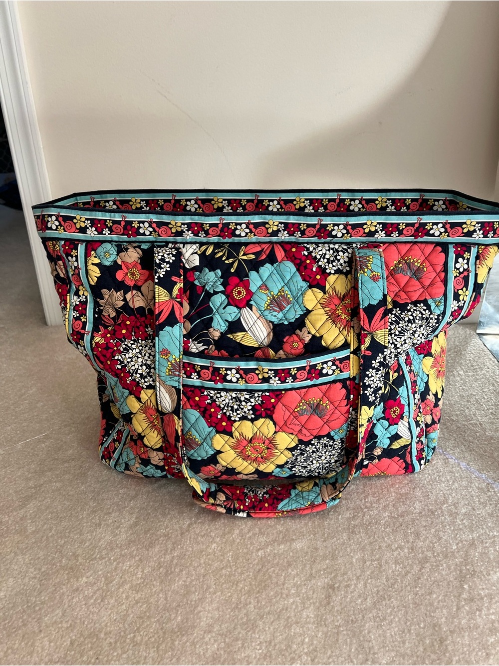 Vera Bradley Black Floral Quilted Tote with Red, Yellow & Turquoise Accents